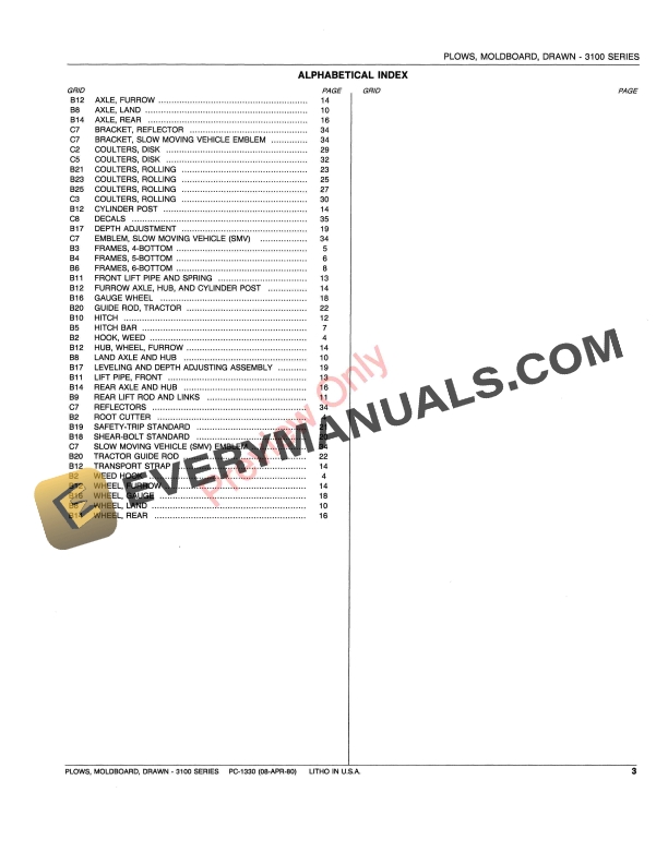 John Deere 3100 Series Drawn Moldboard Plow Parts Catalog PC1330 08APR80-5