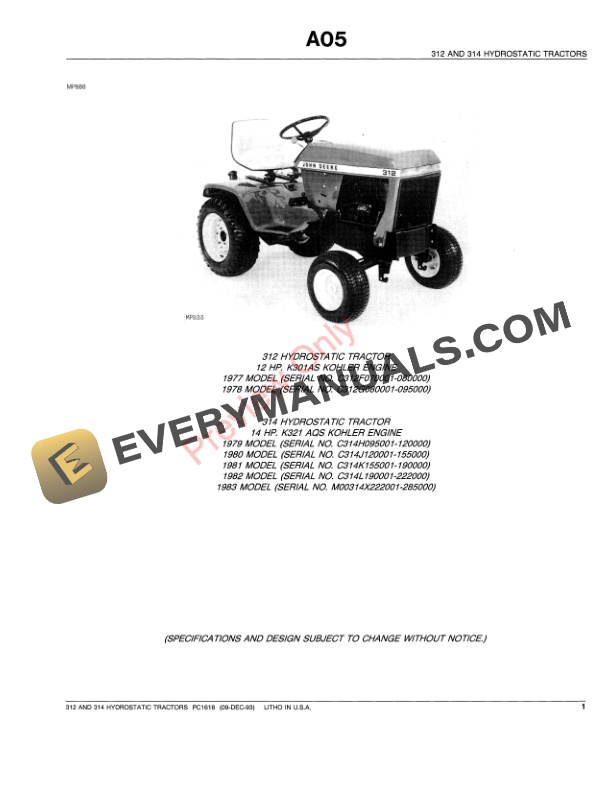 John Deere 312, 314 Lawn and Garden Tractors Parts Catalog PC1618 17DEC93-3