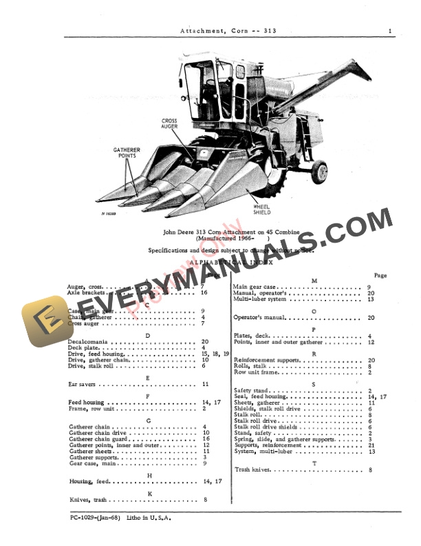 John Deere 313 Corn Attachment Parts Catalog PC1029 01JAN68 3
