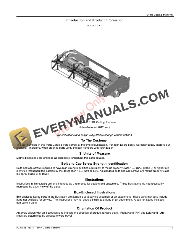 John Deere 314R Cutting Platform Parts Catalog PC11038 26AUG21 3