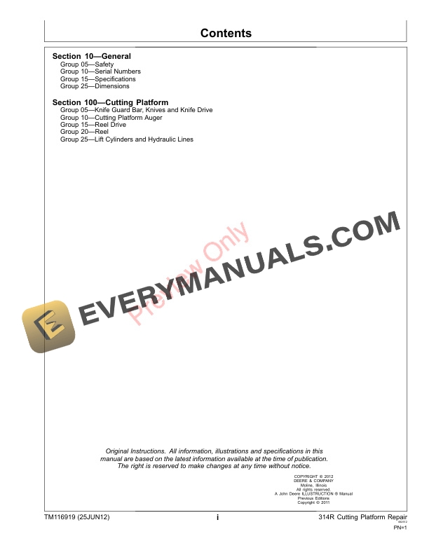 John Deere 314R Cutting Platform Technical Manual TM116919 25JUN12 3