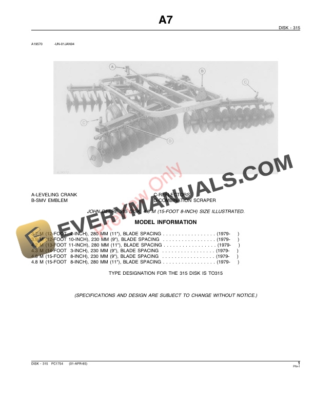John Deere 315 Disk Parts Catalog PC1754 07OCT85-3