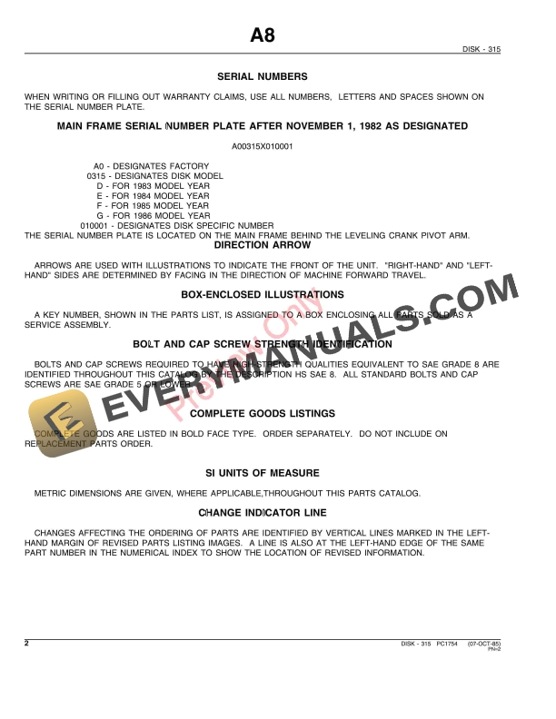 John Deere 315 Disk Parts Catalog PC1754 07OCT85-4