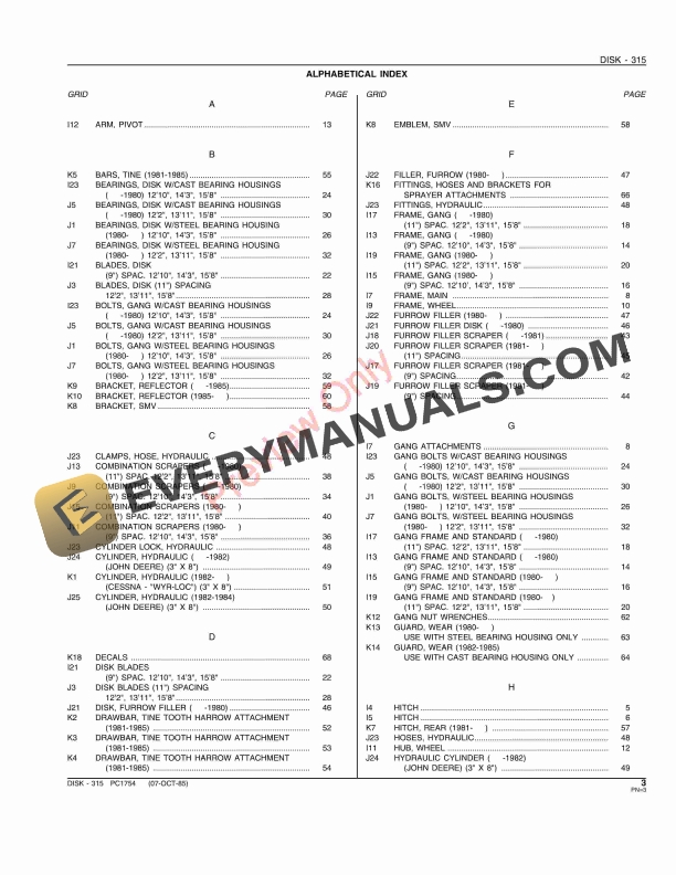 John Deere 315 Disk Parts Catalog PC1754 07OCT85-5