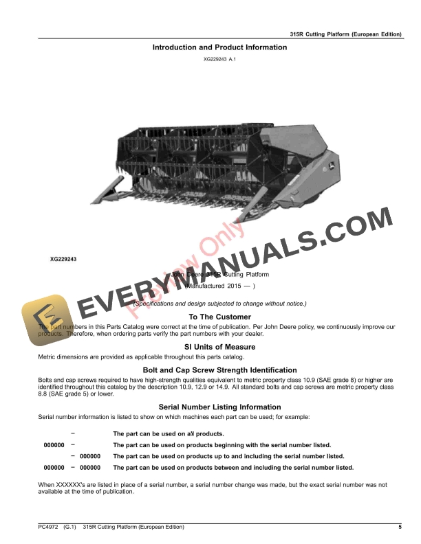 John Deere 315R Cutting Platform Parts Catalog PC4972 20NOV20 6 John Deere 315R Cutting Platform Parts Catalog PC4972 20NOV20-5