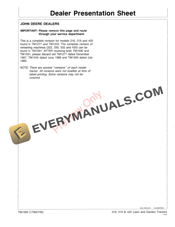 John Deere 316 318 420 Lawn and Garden Tractors Technical Manual TM1590 01MAY95 3