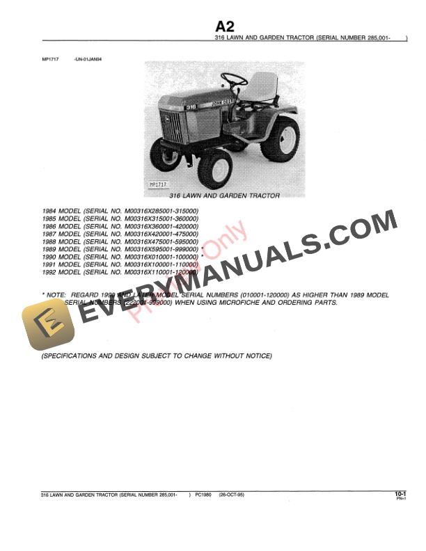 John Deere 316 Lawn and Garden Tractor Parts Catalog PC1980 26OCT95-3