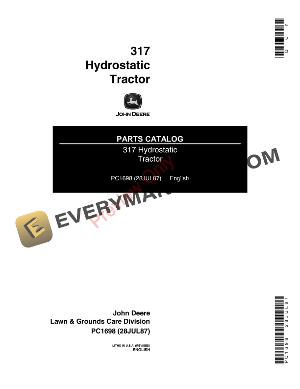 John Deere 317 Hydrostatic Tractor Parts Catalog PC1698 28JUL87-1
