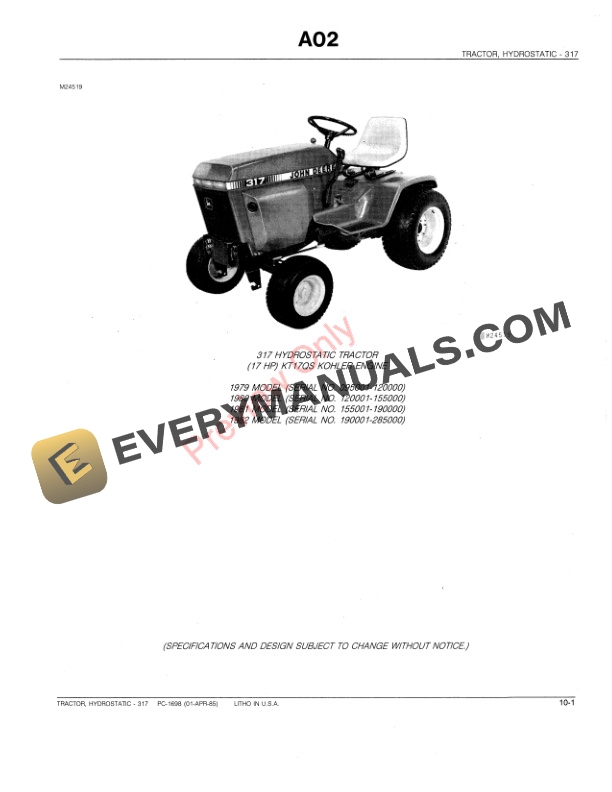 John Deere 317 Hydrostatic Tractor Parts Catalog PC1698 28JUL87 4 John Deere 317 Hydrostatic Tractor Parts Catalog PC1698 28JUL87-3