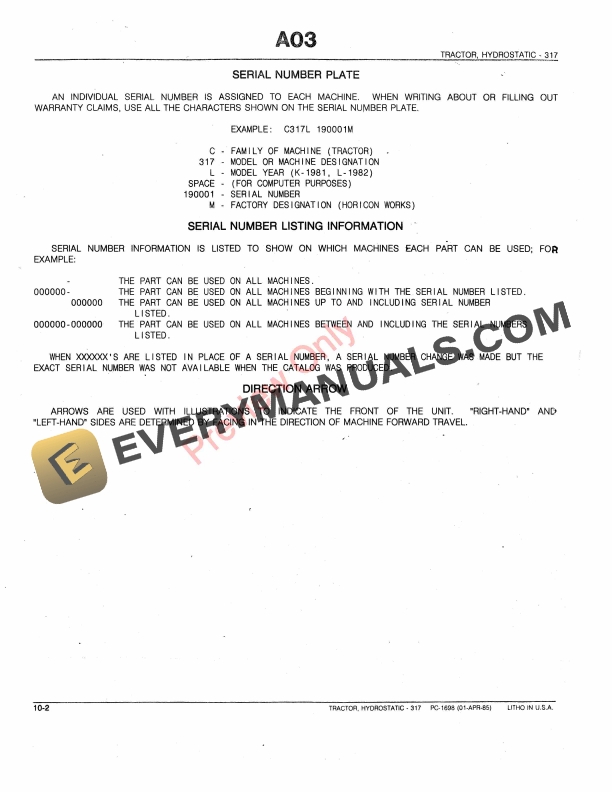 John Deere 317 Hydrostatic Tractor Parts Catalog PC1698 28JUL87 5 John Deere 317 Hydrostatic Tractor Parts Catalog PC1698 28JUL87-4