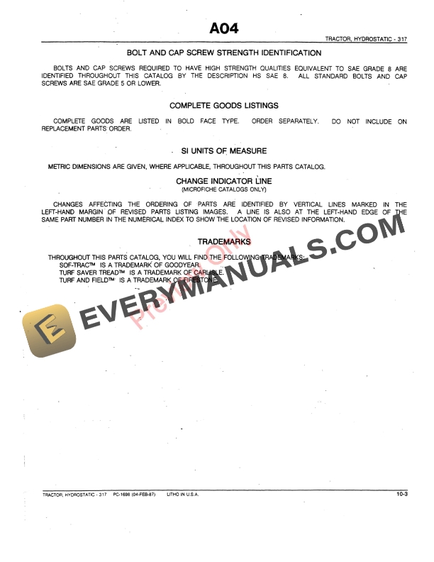 John Deere 317 Hydrostatic Tractor Parts Catalog PC1698 28JUL87 6 John Deere 317 Hydrostatic Tractor Parts Catalog PC1698 28JUL87-5