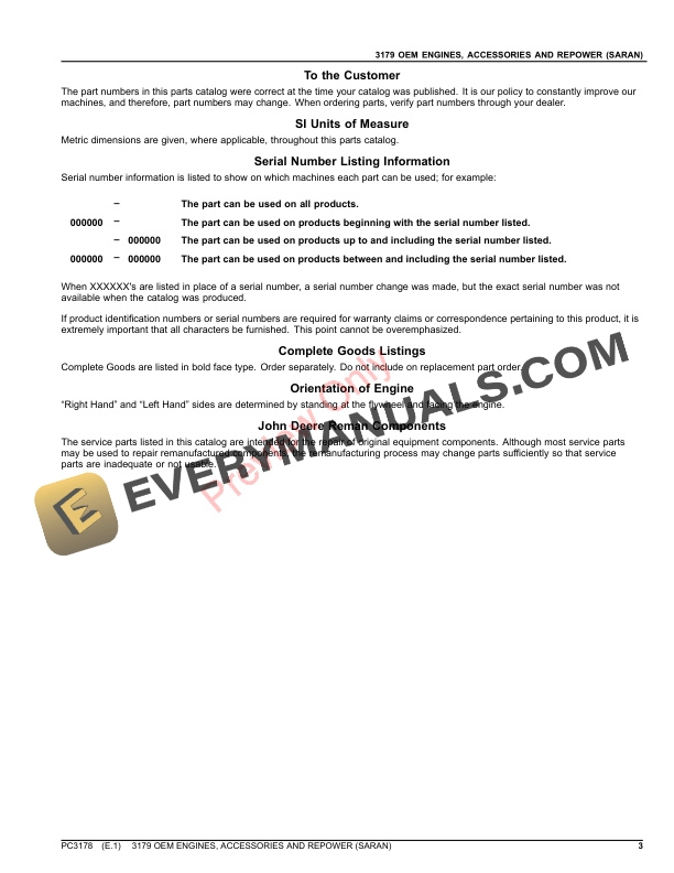 John Deere 3179 OEM ENGINES, ACCESSORIES AND REPOWER (SARAN) Parts Catalog PC3178 22OCT21 4 John Deere 3179 OEM ENGINES, ACCESSORIES AND REPOWER (SARAN) Parts Catalog PC3178 22OCT21-3