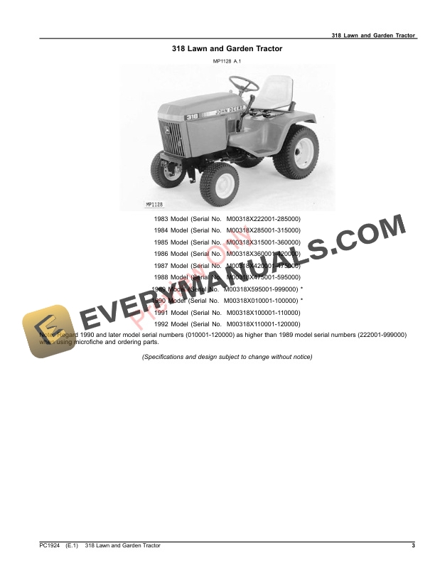 John Deere 318 LAWN AND GARDEN TRACTOR Parts Catalog PC1924 03OCT23-3