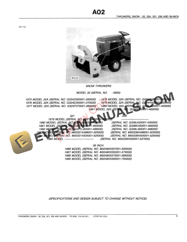 John Deere 32 32A 321 338 38 Inch Tractor Mounted Snow Throwers Parts Catalog PC1009 15JUL91 3