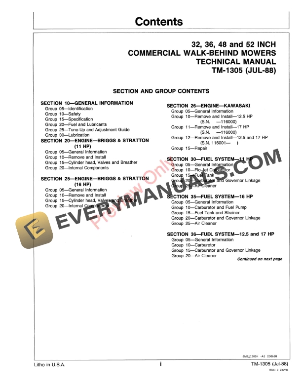 John Deere 32 36 48 and 52 Inch Walk Behind Commercial Rotary Mower Technical Manual TM1305 01JUL88 5