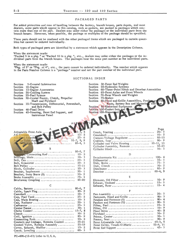 John Deere 320, 330 Series Tractor, Standard and Utility Parts Catalog PC496 01DEC63 5 John Deere 320, 330 Series Tractor, Standard and Utility Parts Catalog PC496 01DEC63-4