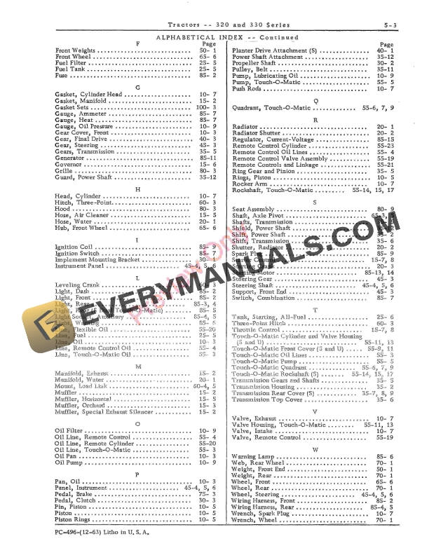 John Deere 320, 330 Series Tractor, Standard and Utility Parts Catalog PC496 01DEC63 6 John Deere 320, 330 Series Tractor, Standard and Utility Parts Catalog PC496 01DEC63-5