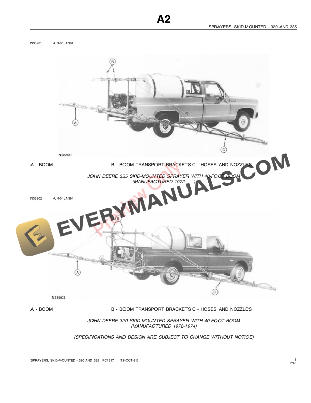 John Deere 320, 335 Skid-Mounted Sprayers Parts Catalog PC1317 01OCT81-3