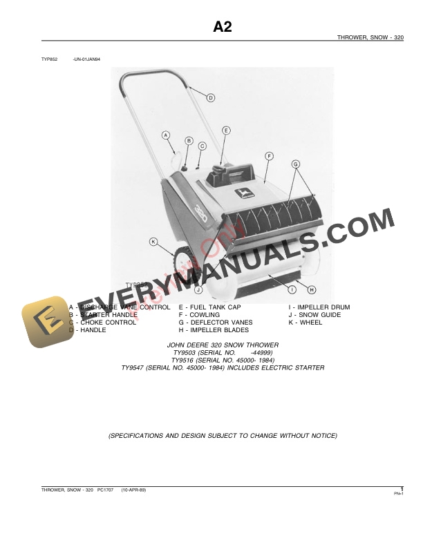 John Deere 320 Snow Thrower Parts Catalog PC1707 10APR89-3