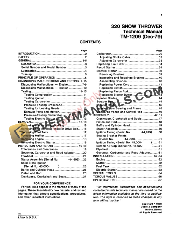 John Deere 320 Snow Thrower Technical Manual TM1209 01DEC79 3