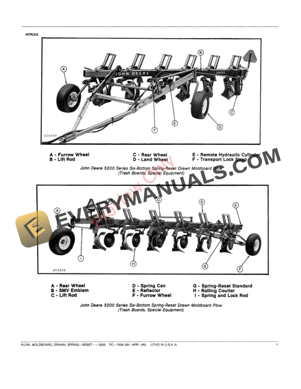 John Deere 3200 Spring Reset Drawn Moldboard Plow Parts Catalog PC1506 08APR80-3