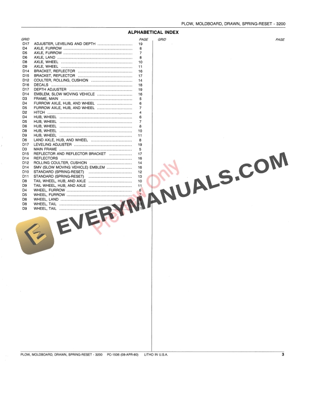 John Deere 3200 Spring Reset Drawn Moldboard Plow Parts Catalog PC1506 08APR80-5