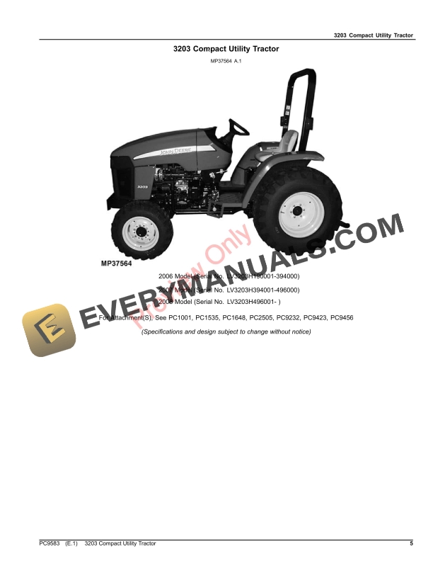 John Deere 3203 COMPACT UTILITY TRACTOR Parts Catalog PC9583 20JUL23-5