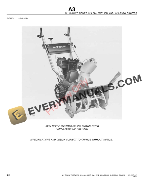 John Deere 321 Snow Thrower, 520, 824, 826T, 1026, 1028 Snow Blowers Parts Catalog PC2259 30MAR89-4