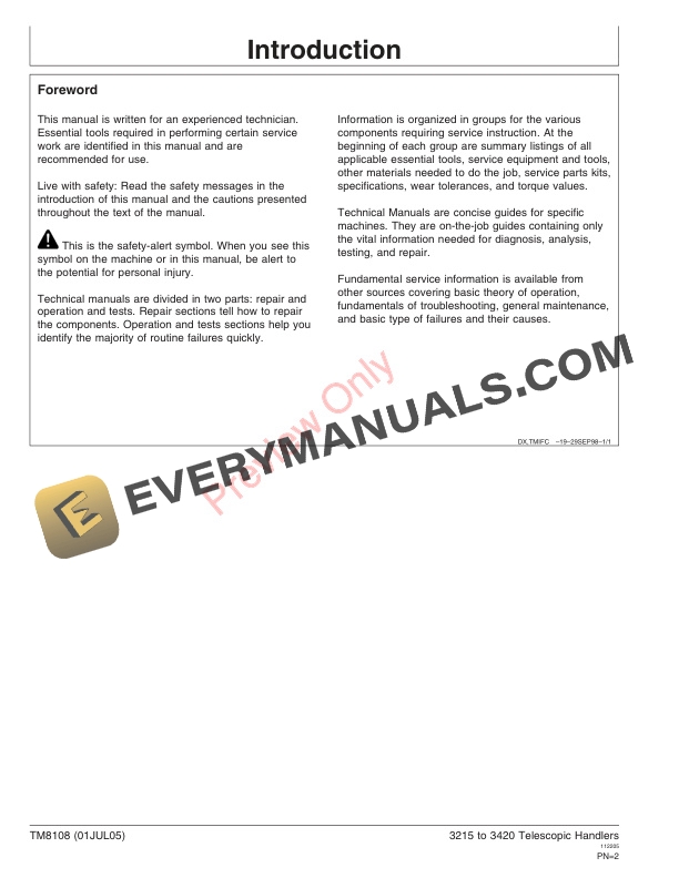 John Deere 3215, 3220, 3415 and 3420 Telescopic Handlers Service Information TM8108 01JUL05 4 John Deere 3215 3220 3415 and 3420 Telescopic Handlers Service Information TM8108 01JUL05 2