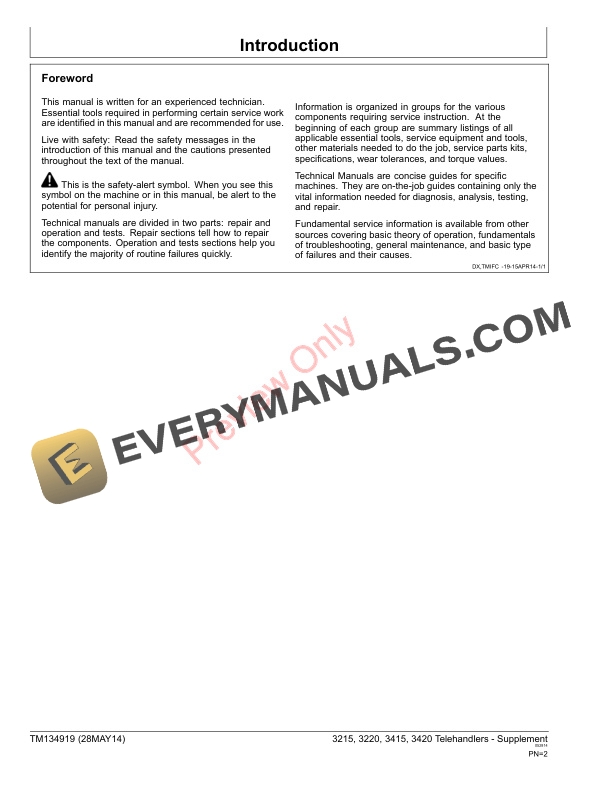 John Deere 3215, 3220, 3415 and 3420 Telescopic Handlers Supplement Technical Manual TM134919 28MAY14 4 John Deere 3215 3220 3415 and 3420 Telescopic Handlers Supplement Technical Manual TM134919 28MAY14 2