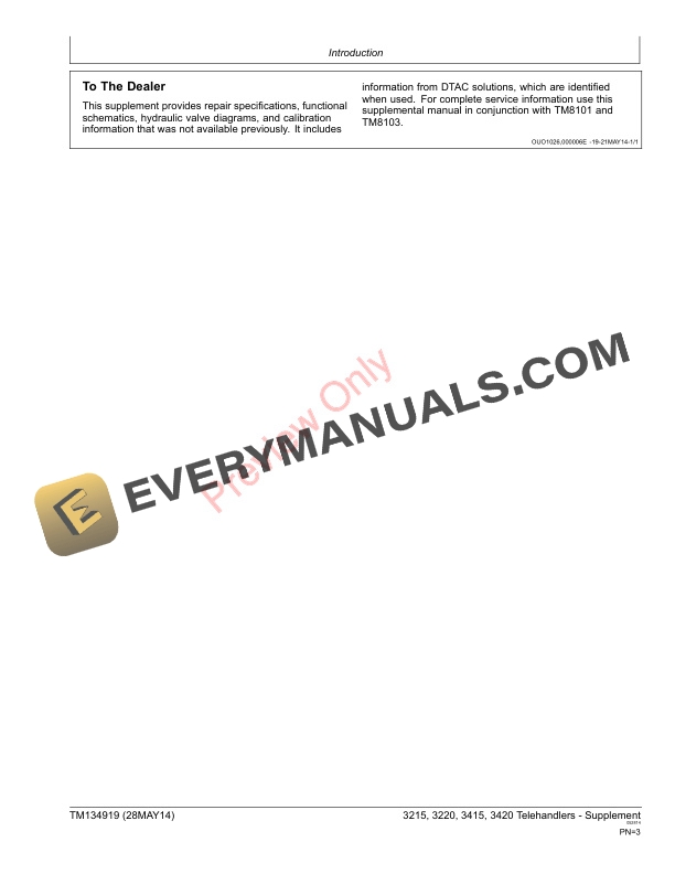 John Deere 3215, 3220, 3415 and 3420 Telescopic Handlers Supplement Technical Manual TM134919 28MAY14 5 John Deere 3215 3220 3415 and 3420 Telescopic Handlers Supplement Technical Manual TM134919 28MAY14 3