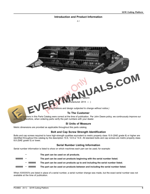 John Deere 321R Cutting Platform Parts Catalog PC4893 16DEC20-5