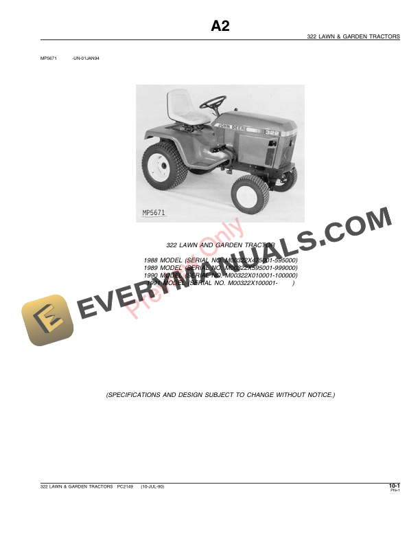 John Deere 322 Lawn and Garden Tractor Parts Catalog PC2149 10JUL90 4 John Deere 322 Lawn and Garden Tractor Parts Catalog PC2149 10JUL90-3
