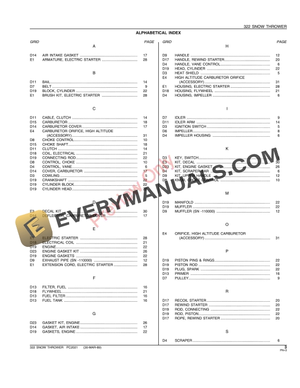 John Deere 322 Snow Thrower Parts Catalog PC2021 30MAR89-5