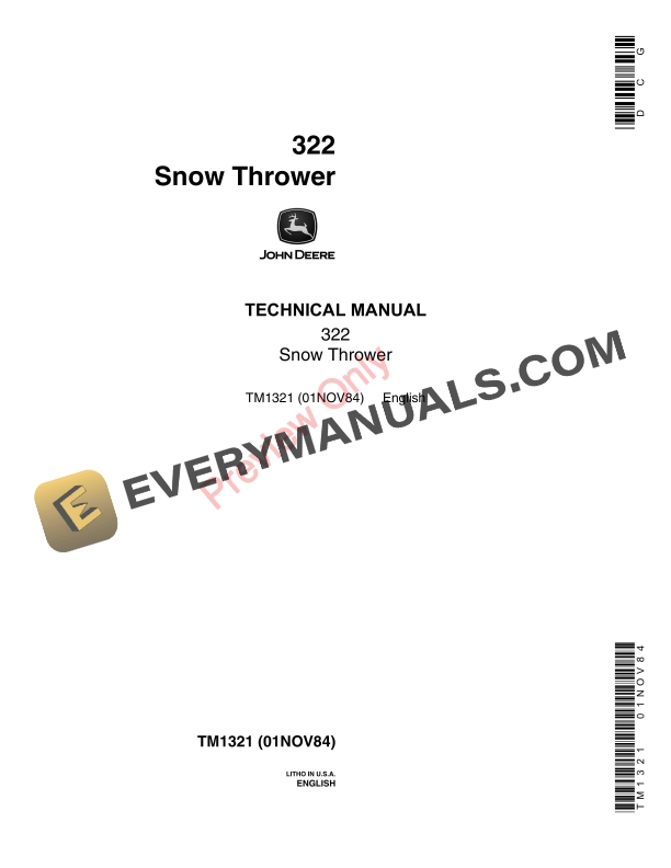 John Deere 322 Snowthrower Technical Manual TM1321 01NOV84-1