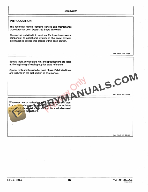 John Deere 322 Snowthrower Technical Manual TM1321 01NOV84 4