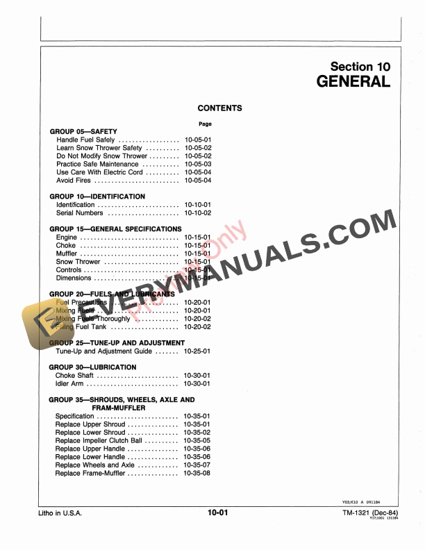 John Deere 322 Snowthrower Technical Manual TM1321 01NOV84 5
