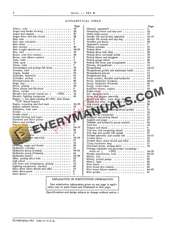 John Deere 323W Baler Parts Catalog PC640 01MAY66 5 John Deere 323W Baler Parts Catalog PC640 01MAY66-4