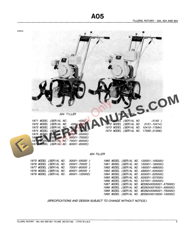 John Deere 324, 524 and 624 Walk-Behind Tillers Parts Catalog PC1268 20OCT92 4 John Deere 324, 524 and 624 Walk-Behind Tillers Parts Catalog PC1268 20OCT92-3