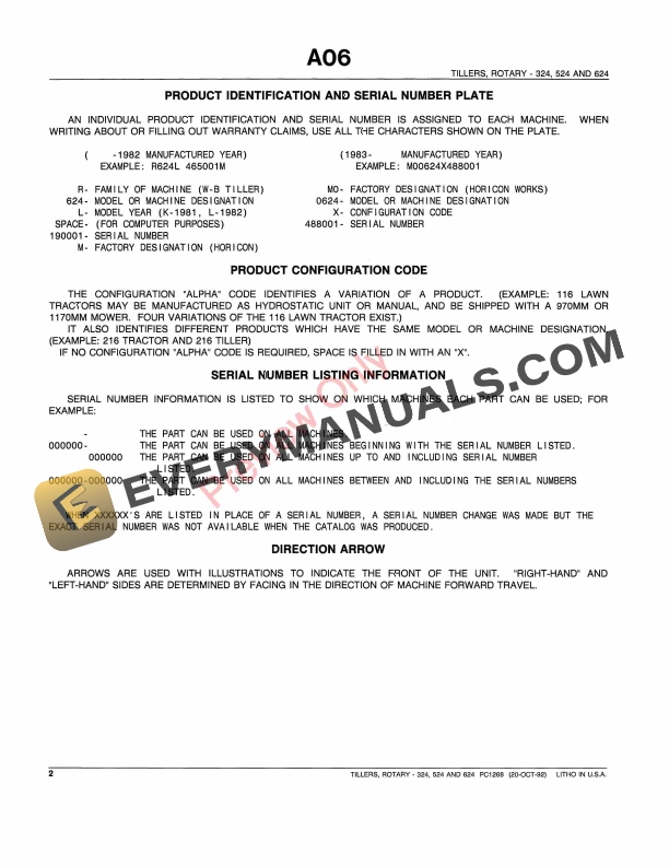 John Deere 324, 524 and 624 Walk-Behind Tillers Parts Catalog PC1268 20OCT92 5 John Deere 324, 524 and 624 Walk-Behind Tillers Parts Catalog PC1268 20OCT92-4