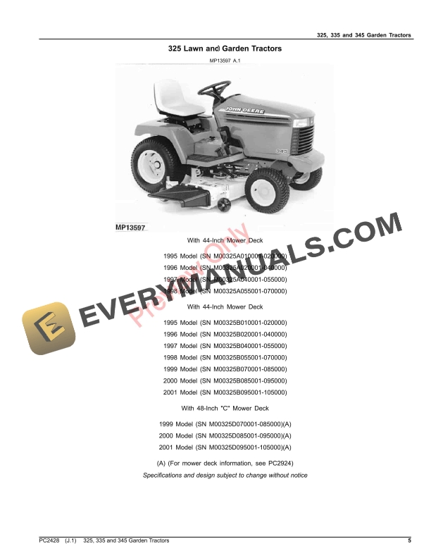 John Deere 325, 335 AND 345 GARDEN TRACTORS Parts Catalog PC2428 29MAR23-5