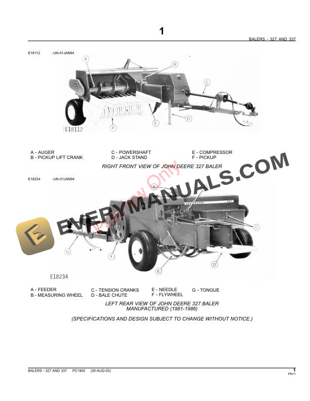 John Deere 327, 337 Series Balers Parts Catalog PC1905 11MAY11 4 John Deere 327, 337 Series Balers Parts Catalog PC1905 11MAY11-3