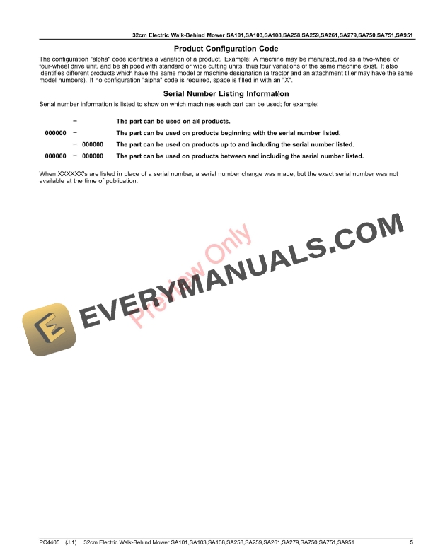 John Deere 32cm Electric Walk-Behind Mower SA101, SA103, SA108, SA258, SA259, SA261, SA279, SA750, SA751, SA Parts Catalog PC4405 05AUG16-5