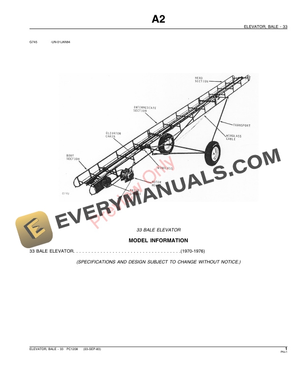 John Deere 33 Bale Elevator Parts Catalog PC1208 03SEP83-3