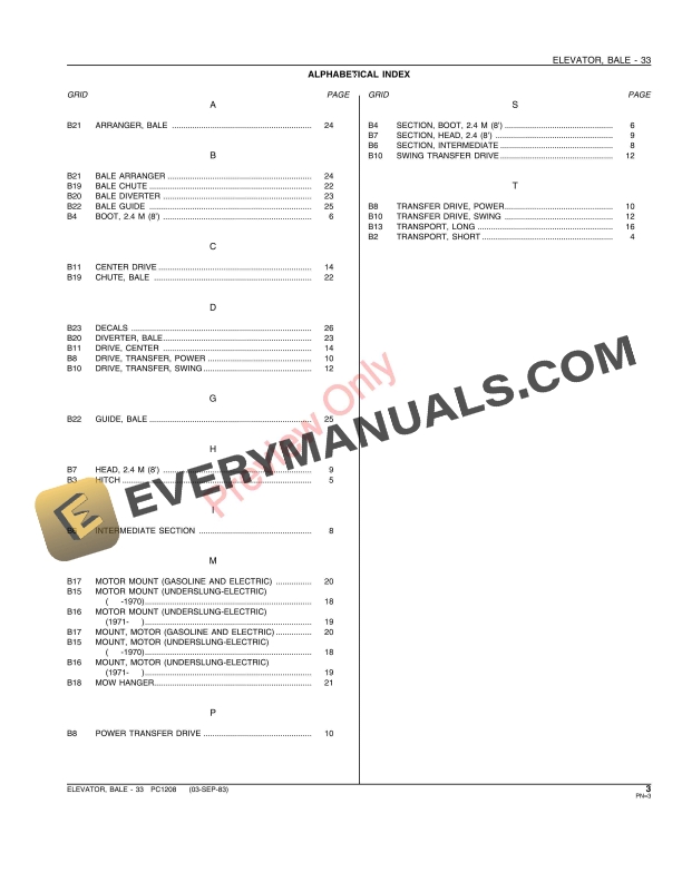 John Deere 33 Bale Elevator Parts Catalog PC1208 03SEP83-5