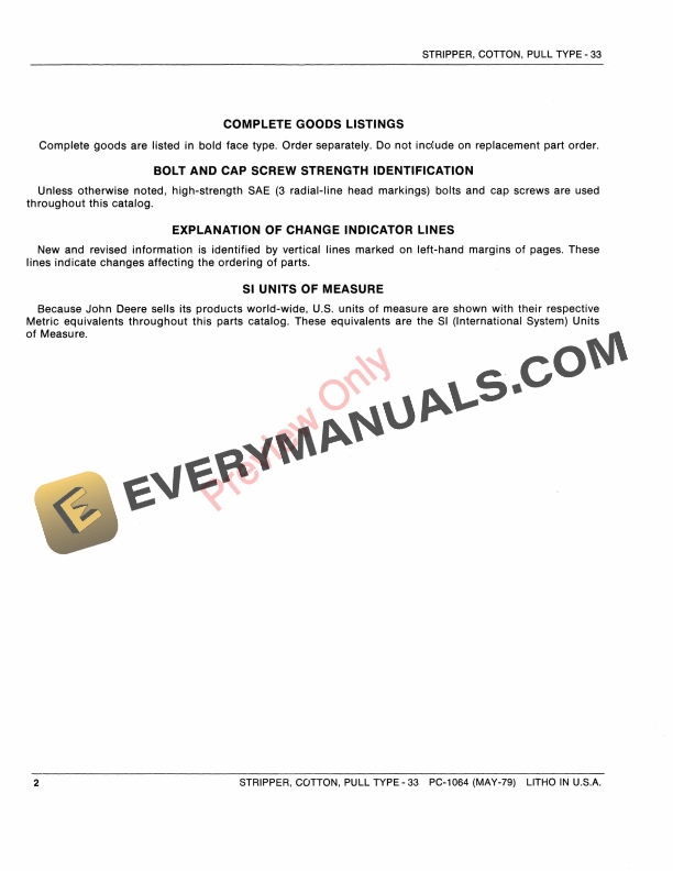 John Deere 33 Pull Type Cotton Stripper Parts Catalog PC1064 04MAY79 4