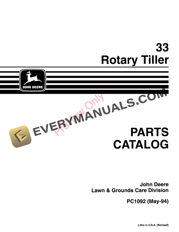John Deere 33 Tractor-Mounted Tiller Parts Catalog PC1092 25MAY94-1