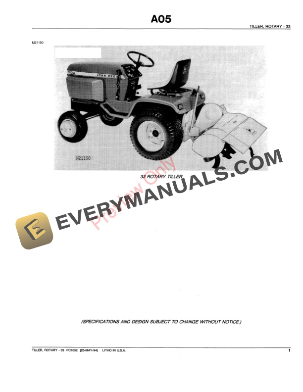 John Deere 33 Tractor Mounted Tiller Parts Catalog PC1092 25MAY94 3