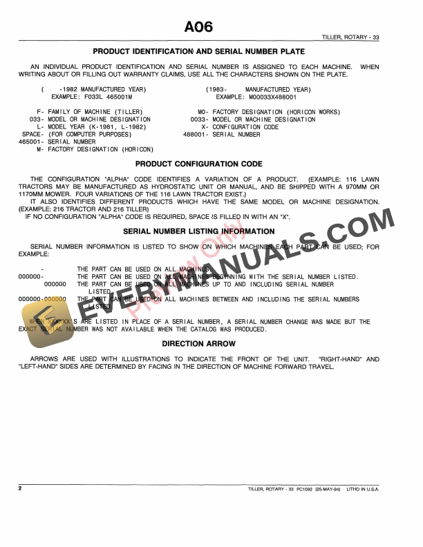 John Deere 33 Tractor Mounted Tiller Parts Catalog PC1092 25MAY94 4