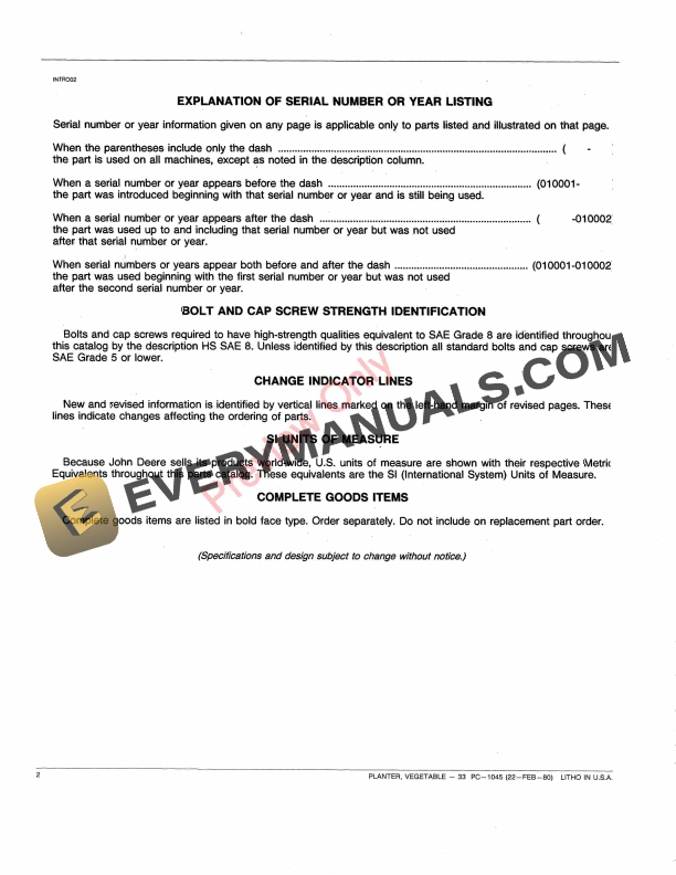 John Deere 33 Vegetable Planter Parts Catalog PC1045 22FEB80 5 John Deere 33 Vegetable Planter Parts Catalog PC1045 22FEB80 4